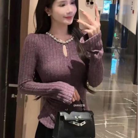 FA51206# 紫色镂空重工镶钻针织衫打底衫女装春季新款修身短款显瘦内搭上衣 服裝批發女裝批發服飾貨源