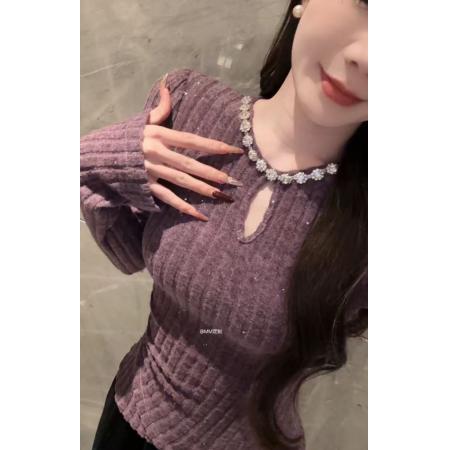 FA51206# 紫色镂空重工镶钻针织衫打底衫女装春季新款修身短款显瘦内搭上衣 服裝批發女裝批發服飾貨源