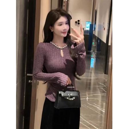 FA51206# 紫色镂空重工镶钻针织衫打底衫女装春季新款修身短款显瘦内搭上衣 服裝批發女裝批發服飾貨源