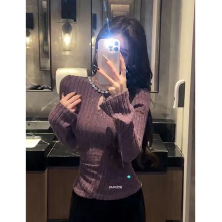 FA51206# 紫色镂空重工镶钻针织衫打底衫女装春季新款修身短款显瘦内搭上衣 服裝批發女裝批發服飾貨源