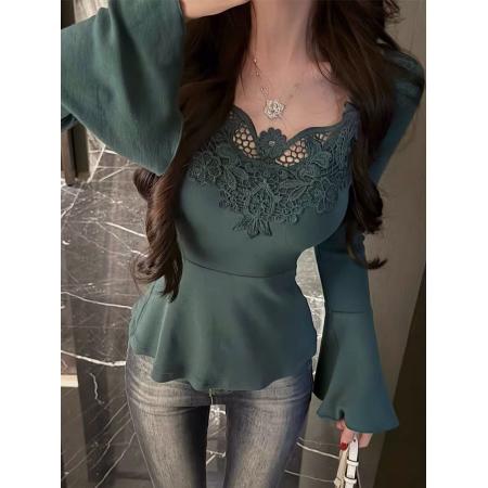 FA51207# 原创温柔精致蕾丝领拼接显白亮色百搭喇叭袖上衣女 服裝批發女裝批發服飾貨源