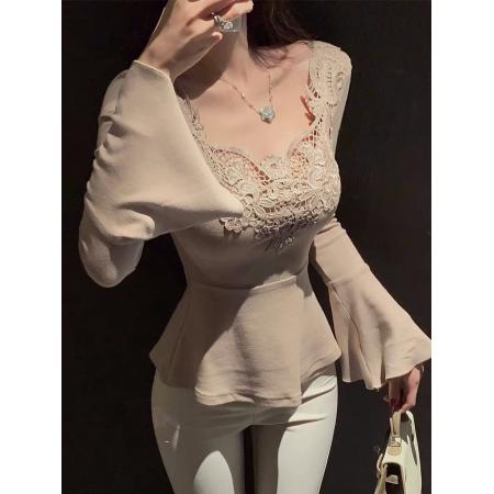 FA51207# 原创温柔精致蕾丝领拼接显白亮色百搭喇叭袖上衣女 服裝批發女裝批發服飾貨源