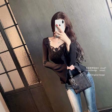 FA51207# 原创温柔精致蕾丝领拼接显白亮色百搭喇叭袖上衣女 服裝批發女裝批發服飾貨源