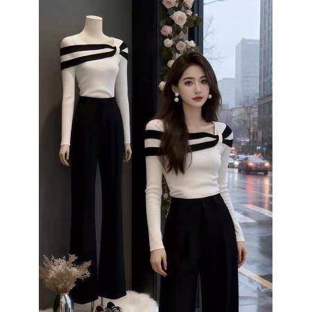 FA51208# 早秋韩系氛围感穿搭巨好看针织毛衣条纹绝美独特漂亮轻熟短款上衣 服裝批發女裝批發服飾貨源