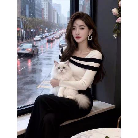 FA51208# 早秋韩系氛围感穿搭巨好看针织毛衣条纹绝美独特漂亮轻熟短款上衣 服裝批發女裝批發服飾貨源