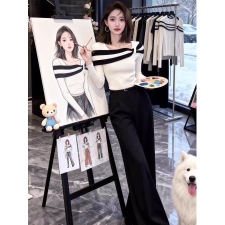 FA51208# 早秋韩系氛围感穿搭巨好看针织毛衣条纹绝美独特漂亮轻熟短款上衣 服裝批發女裝批發服飾貨源