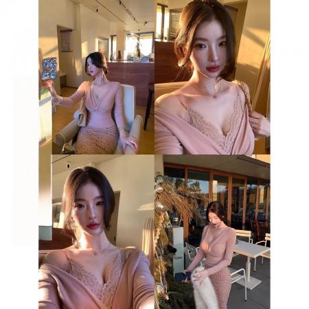 FA51209# 纯欲风御姐法式新款高级设计感蕾丝拼接v领收腰长袖t恤圣诞 服裝批發女裝批發服飾貨源