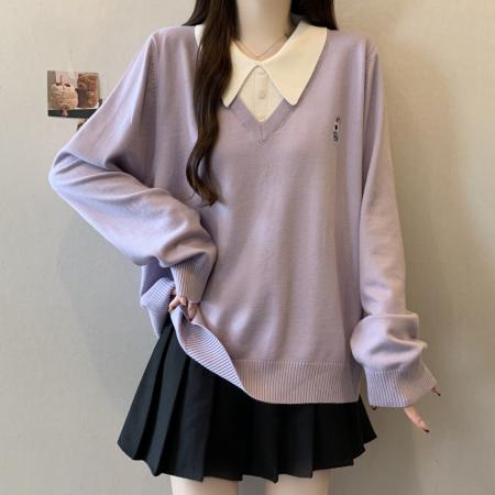 FA51210# 大码胖mm学院风polo领假两件针织衫秋冬宽松显瘦长袖上衣 服裝批發女裝批發服飾貨源