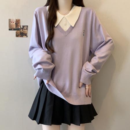 FA51210# 大码胖mm学院风polo领假两件针织衫秋冬宽松显瘦长袖上衣 服裝批發女裝批發服飾貨源