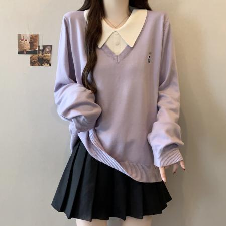 FA51210# 大码胖mm学院风polo领假两件针织衫秋冬宽松显瘦长袖上衣 服裝批發女裝批發服飾貨源