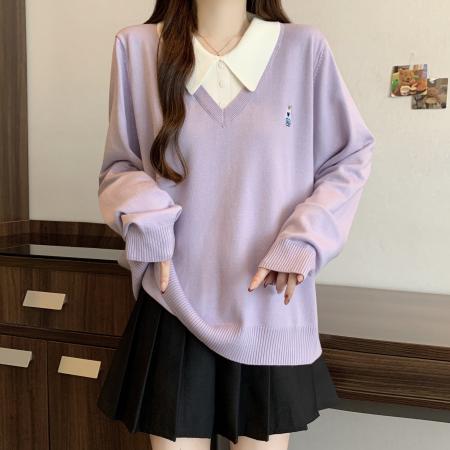 FA51210# 大码胖mm学院风polo领假两件针织衫秋冬宽松显瘦长袖上衣 服裝批發女裝批發服飾貨源