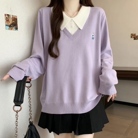 FA51210# 大码胖mm学院风polo领假两件针织衫秋冬宽松显瘦长袖上衣 服裝批發女裝批發服飾貨源