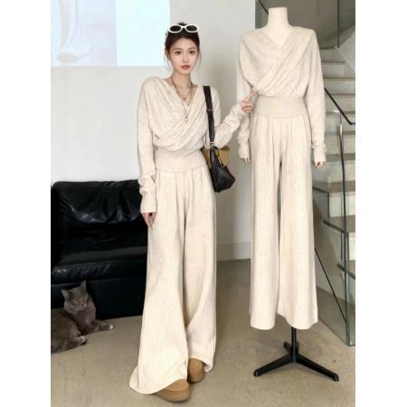 FA51211# 穿搭一整套冬季新款名媛气质气轻熟针织上衣阔腿裤两件套装女 服裝批發女裝批發服飾貨源