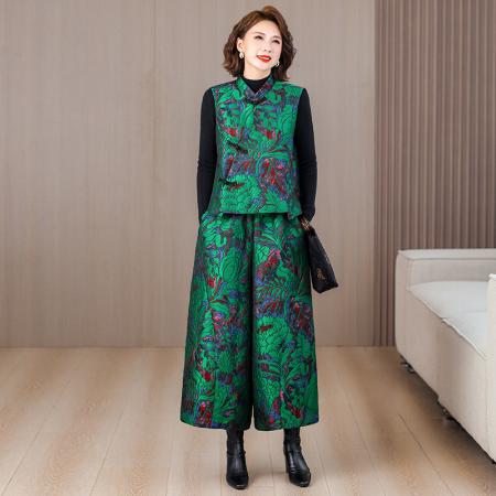 LN76391#  两件套秋冬新款休闲时尚洋气提花马甲大码松紧腰花苞裤套装女