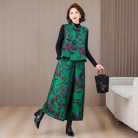 LN76391#  两件套秋冬新款休闲时尚洋气提花马甲大码松紧腰花苞裤套装女