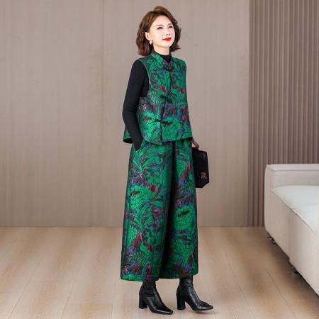 LN76391#  两件套秋冬新款休闲时尚洋气提花马甲大码松紧腰花苞裤套装女