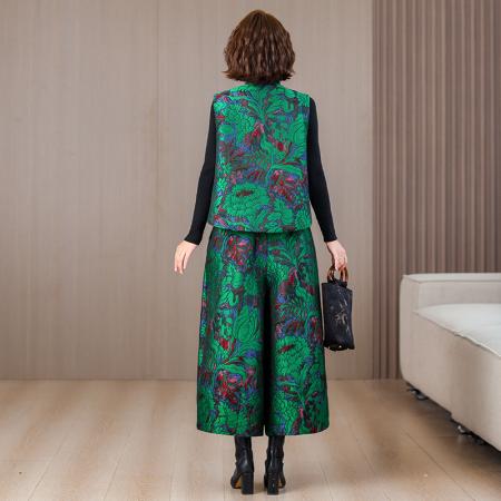 LN76391#  两件套秋冬新款休闲时尚洋气提花马甲大码松紧腰花苞裤套装女