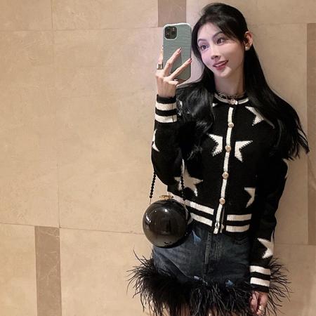 FA51214# 秋季新款高级感撞色拼接星星提花设计感针织开衫女修身显瘦上衣QN 服裝批發女裝批發服飾貨源