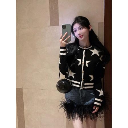 FA51214# 秋季新款高级感撞色拼接星星提花设计感针织开衫女修身显瘦上衣QN 服裝批發女裝批發服飾貨源