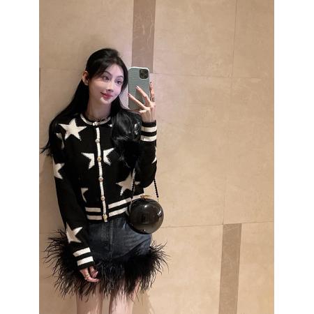 FA51214# 秋季新款高级感撞色拼接星星提花设计感针织开衫女修身显瘦上衣QN 服裝批發女裝批發服飾貨源