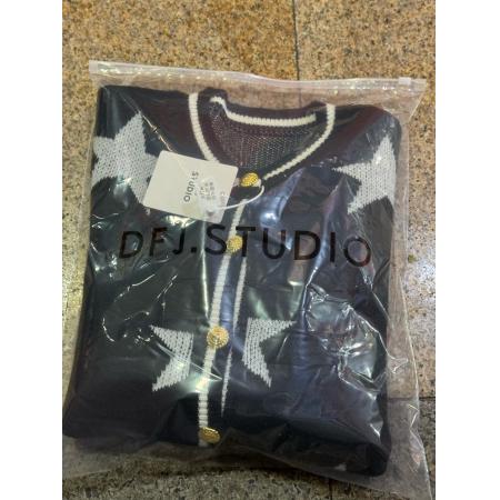 FA51214# 秋季新款高级感撞色拼接星星提花设计感针织开衫女修身显瘦上衣QN 服裝批發女裝批發服飾貨源