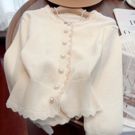 FA51216# 韩系温柔风刺绣高级感毛衣外套女春秋季爆款蕾丝花边薄针织开衫潮 服裝批發女裝批發服飾貨源