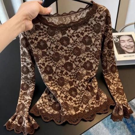 FA51217# 早春复古时尚设计喇叭蕾丝显瘦小衫新款洋气修身长袖打底上衣 服裝批發女裝批發服飾貨源