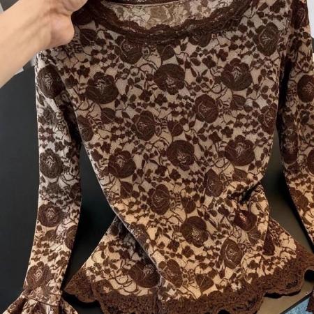 FA51217# 早春复古时尚设计喇叭蕾丝显瘦小衫新款洋气修身长袖打底上衣 服裝批發女裝批發服飾貨源