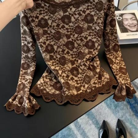 FA51217# 早春复古时尚设计喇叭蕾丝显瘦小衫新款洋气修身长袖打底上衣 服裝批發女裝批發服飾貨源