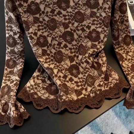 FA51217# 早春复古时尚设计喇叭蕾丝显瘦小衫新款洋气修身长袖打底上衣 服裝批發女裝批發服飾貨源