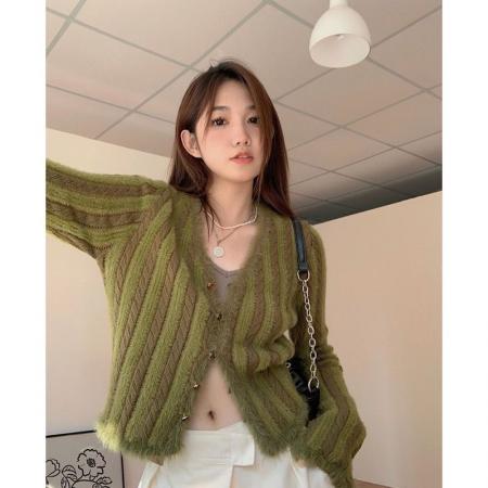 FA51218# 复古V领针织衫毛衣女修身开衫春秋短款上衣新款 服裝批發女裝批發服飾貨源