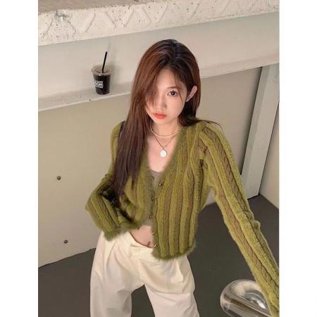 FA51218# 复古V领针织衫毛衣女修身开衫春秋短款上衣新款 服裝批發女裝批發服飾貨源