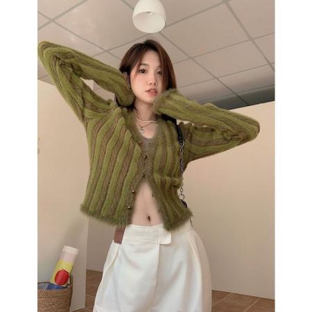 FA51218# 复古V领针织衫毛衣女修身开衫春秋短款上衣新款 服裝批發女裝批發服飾貨源