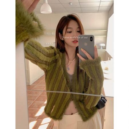 FA51218# 复古V领针织衫毛衣女修身开衫春秋短款上衣新款 服裝批發女裝批發服飾貨源