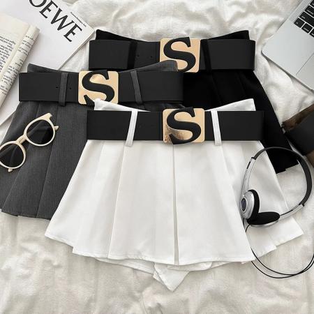 FA51219# 设计感休闲百搭字母腰带高腰显瘦半身裙防走光短裙百褶裙a字裙女 服裝批發女裝批發服飾貨源