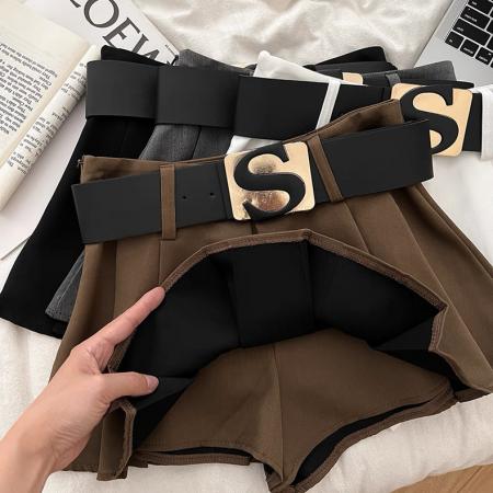 FA51219# 设计感休闲百搭字母腰带高腰显瘦半身裙防走光短裙百褶裙a字裙女 服裝批發女裝批發服飾貨源