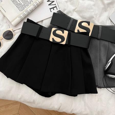 FA51219# 设计感休闲百搭字母腰带高腰显瘦半身裙防走光短裙百褶裙a字裙女 服裝批發女裝批發服飾貨源