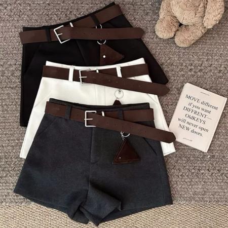 FA51220# 秋季新款复古毛呢百搭休闲裤修身显瘦配腰带高腰气质短裤女潮 服裝批發女裝批發服飾貨源