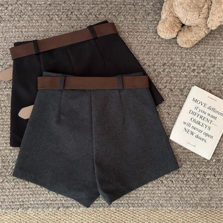 FA51220# 秋季新款复古毛呢百搭休闲裤修身显瘦配腰带高腰气质短裤女潮 服裝批發女裝批發服飾貨源