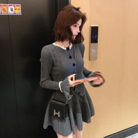 FA51224# 灰色针织套装女新款早秋小个子穿搭一整套上衣半身裙两件套 服裝批發女裝批發服飾貨源