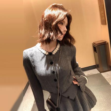 FA51224# 灰色针织套装女新款早秋小个子穿搭一整套上衣半身裙两件套 服裝批發女裝批發服飾貨源