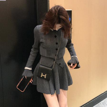 FA51224# 灰色针织套装女新款早秋小个子穿搭一整套上衣半身裙两件套 服裝批發女裝批發服飾貨源