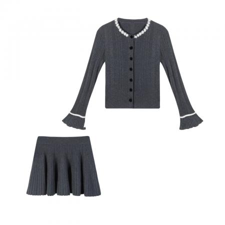 FA51224# 灰色针织套装女新款早秋小个子穿搭一整套上衣半身裙两件套 服裝批發女裝批發服飾貨源