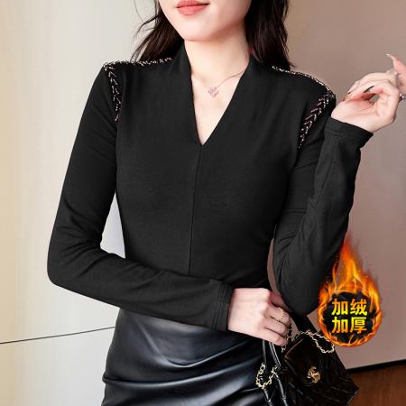 FA51226# 秋冬新款V领加厚保暖磨毛手工钉珠长袖T恤女内搭洋气打底衫上衣 服裝批發女裝批發服飾貨源