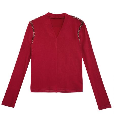 FA51226# 秋冬新款V领加厚保暖磨毛手工钉珠长袖T恤女内搭洋气打底衫上衣 服裝批發女裝批發服飾貨源