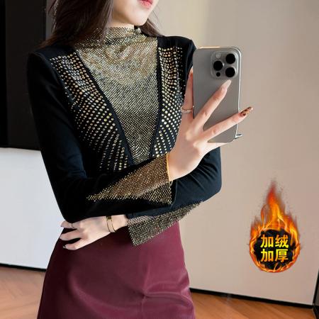 FA51227# 秋冬新款加厚保暖磨毛V领镶钻长袖修身显瘦设计感半高领打底衫女 服裝批發女裝批發服飾貨源