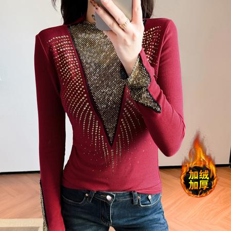 FA51227# 秋冬新款加厚保暖磨毛V领镶钻长袖修身显瘦设计感半高领打底衫女 服裝批發女裝批發服飾貨源