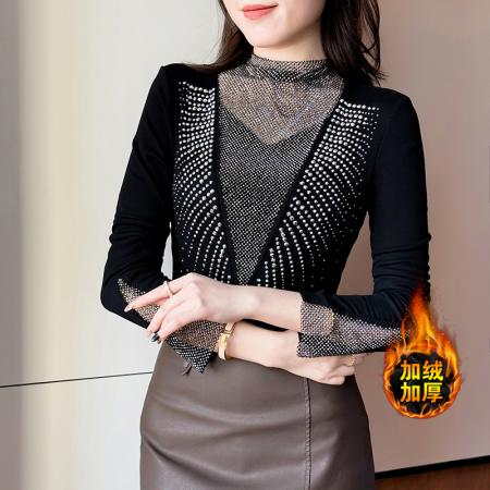 FA51227# 秋冬新款加厚保暖磨毛V领镶钻长袖修身显瘦设计感半高领打底衫女 服裝批發女裝批發服飾貨源