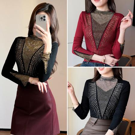 FA51227# 秋冬新款加厚保暖磨毛V领镶钻长袖修身显瘦设计感半高领打底衫女 服裝批發女裝批發服飾貨源