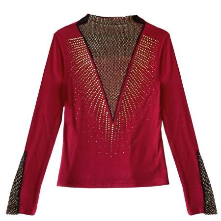 FA51227# 秋冬新款加厚保暖磨毛V领镶钻长袖修身显瘦设计感半高领打底衫女 服裝批發女裝批發服飾貨源